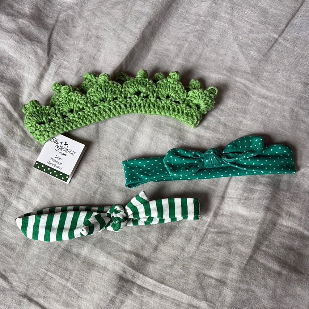 Green Crochet, Striped and Polkadot Baby Girl Headband Set